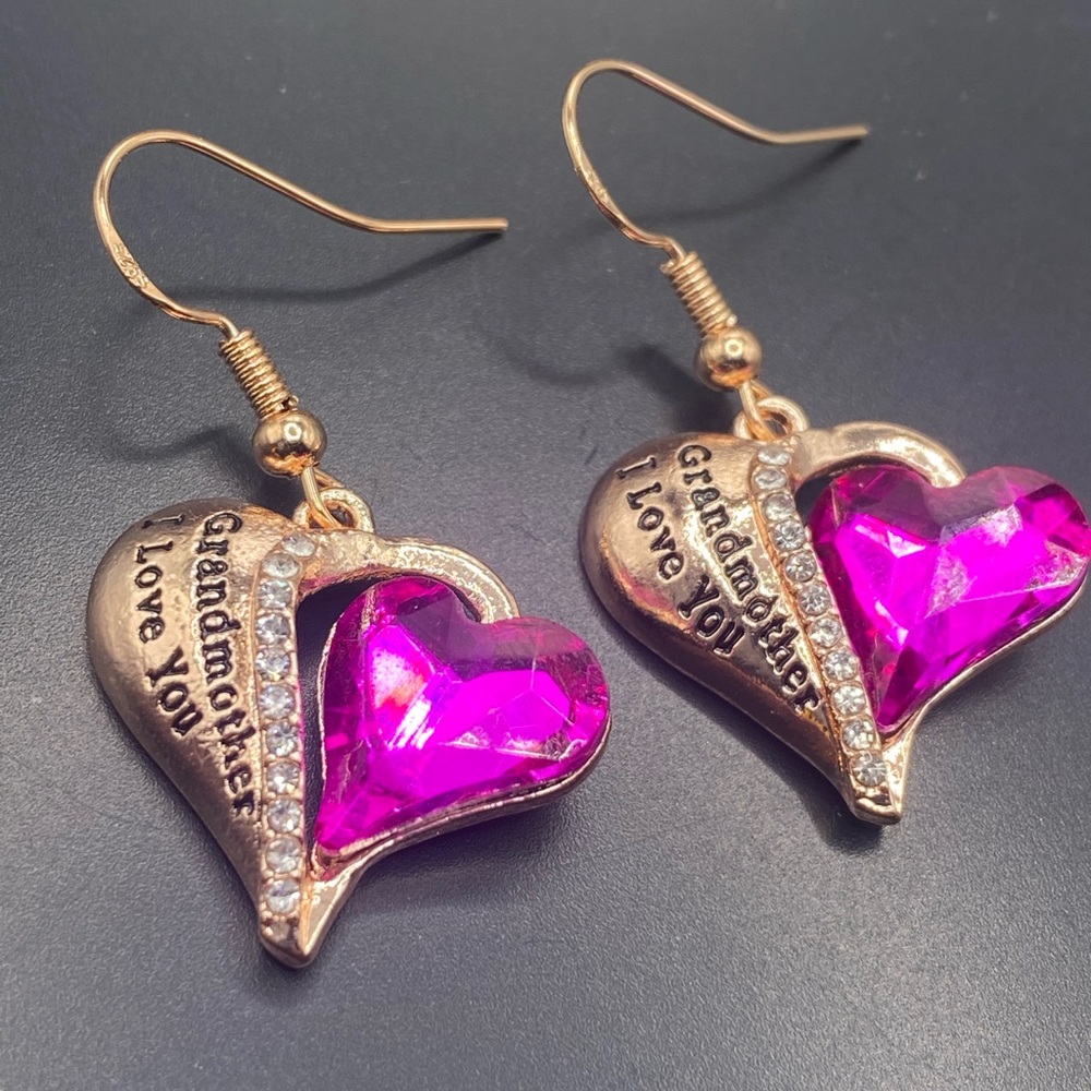 Rose gold tone heart shaped earrings with crystals with grandmother I love you!